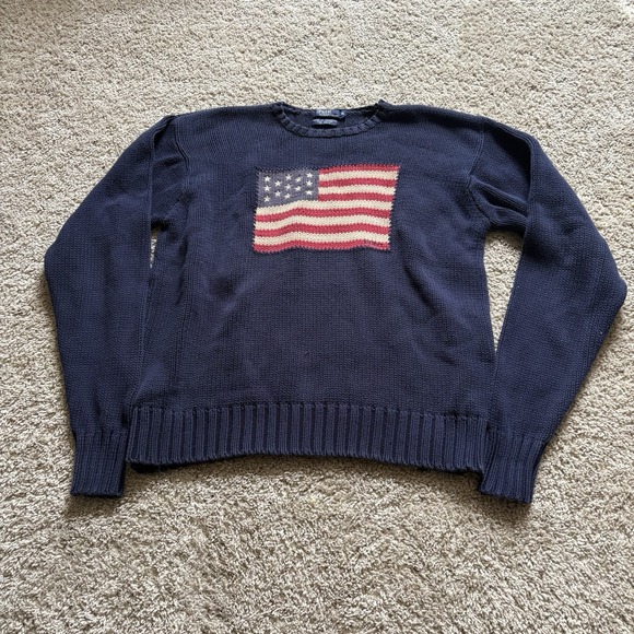 Polo Ralph Lauren Sweaters - Vintage Polo Ralph Lauren Sweater Womens XL Blue American Flag USA Knit 90s